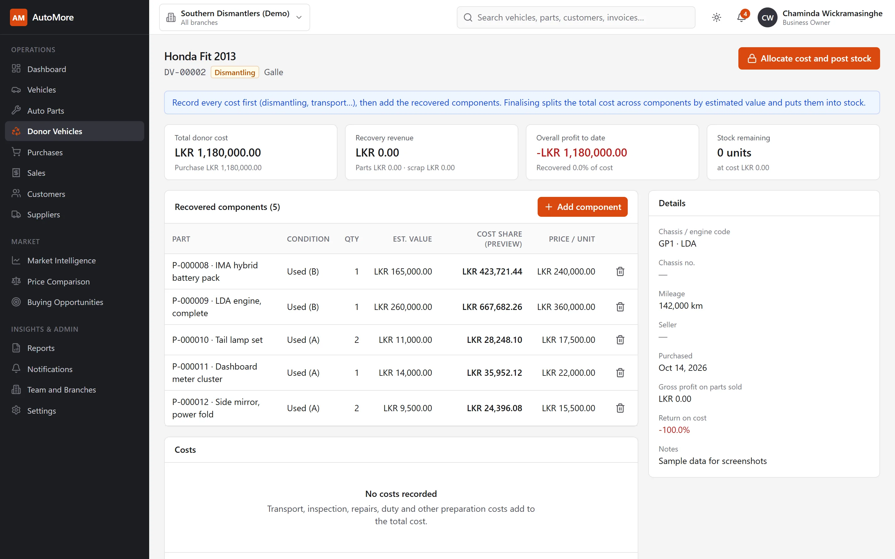 Donor vehicle page for a Honda Fit showing recovered components with estimated value, share of the purchase cost and selling price