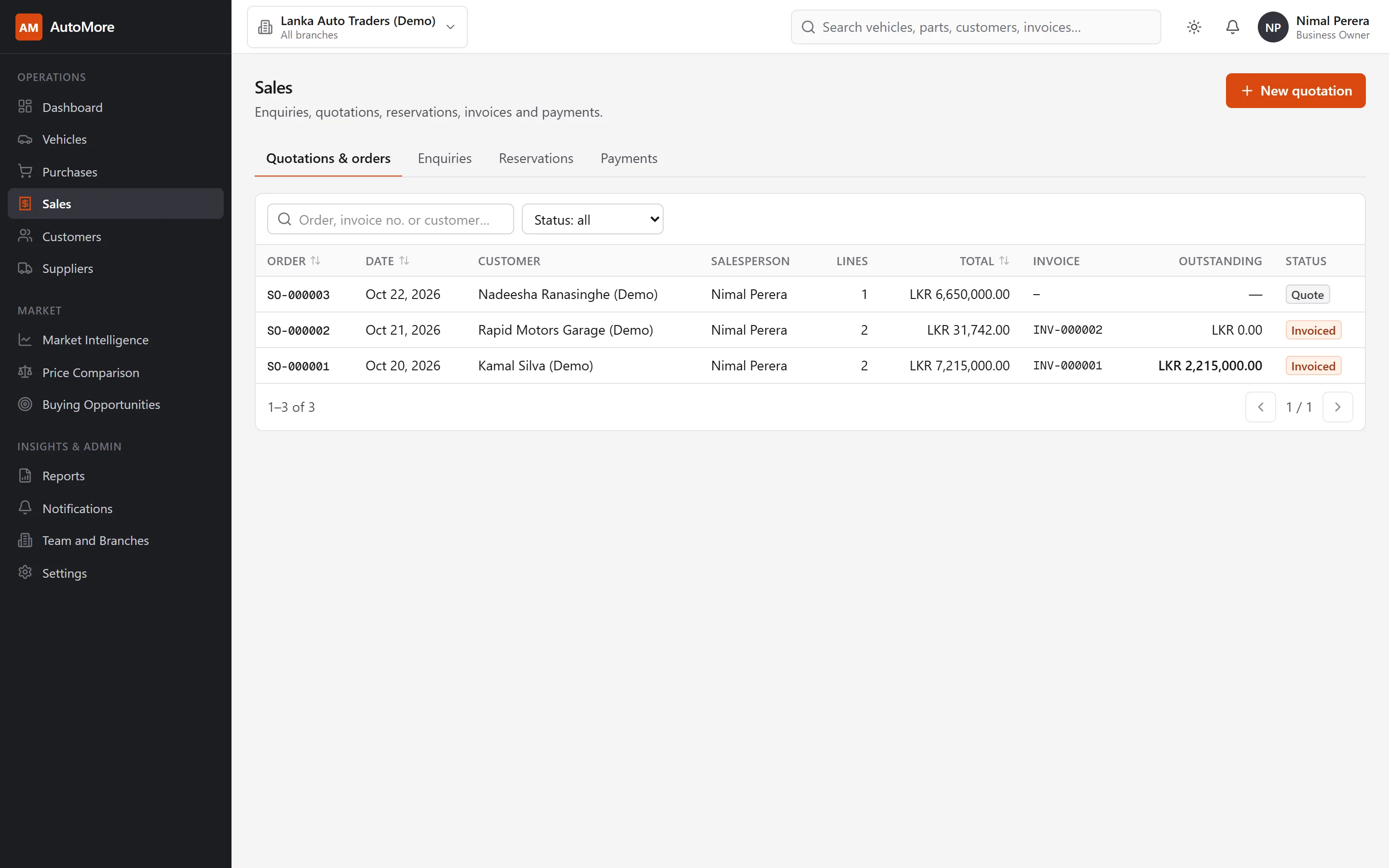 Sales screen with sales orders, leads and payment status